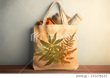 Eco-friendly tote bag with a cannabis leaf design 131276125