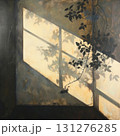 Sunlight filters through a window, casting intricate leaf shadows on the wall 131276285