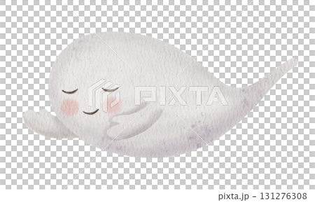 Cute flying ghost with happy smile. Hand drawn Watercolor Children's spooky character isolated on a background. Halloween phantom, October holiday mood. For kids party invitations, decorations Cute flying ghost with happy smile. Hand drawn Watercolor Children's spooky character isolated on a background. Halloween phantom, October holiday mood. For kids party invitations, decorations 131276308