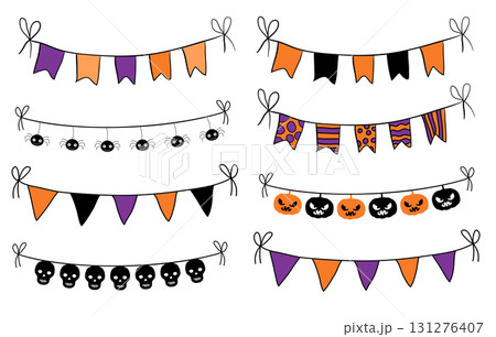 Hand drawn bunting flags in orange, purple and black for Halloween graphic design and decor 131276407