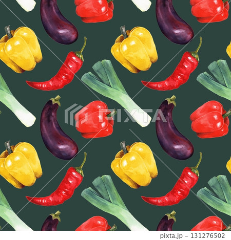 Seamless watercolor pattern with fresh eggplants, bell peppers, chili peppers, and leeks on deep dark green background 131276502