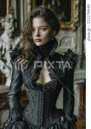 漆黒のゴシックドレスに身を包んだ女性モデルの美しき肖像 131276640