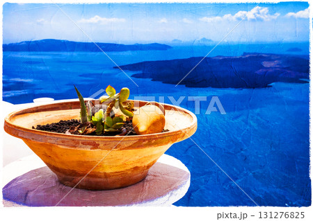 sea scenery of Santorini - artwork in painting style. Greece sea scenery of Santorini - artwork in painting style. Greece 131276825
