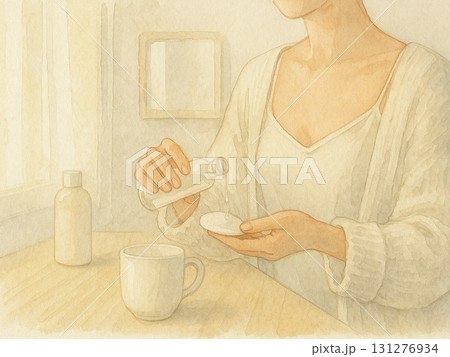 朝の保湿ルーティン — Soft Dewy Morning Skincare(水彩) 朝の保湿ルーティン — Soft Dewy Morning Skincare(水彩) 131276934