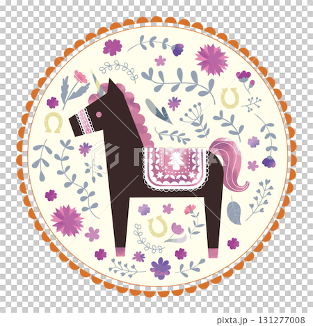 斯堪的納維亞風格的獨角獸和花卉圓形圖標 131277008