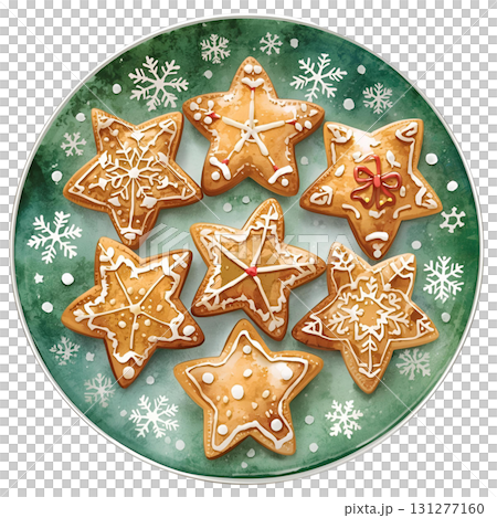 Decorative star-shaped cookies on a festive green plate for the holiday season 131277160