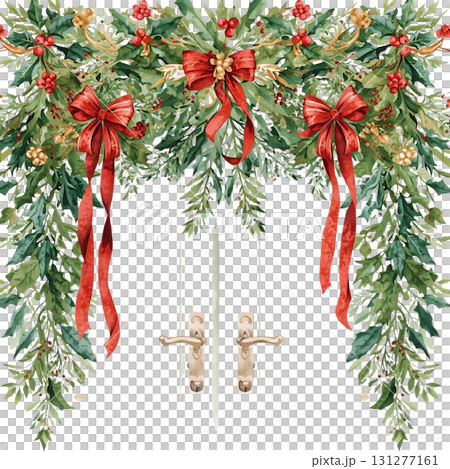 Festive holiday wreath adorned with red bows and greenery above double glass doors 131277161