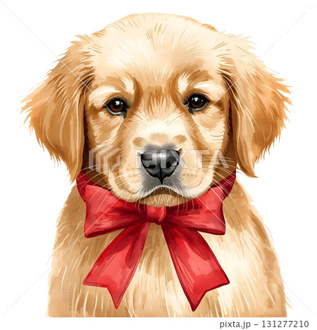 Golden retriever puppy with red bow in a cheerful and playful expression 131277210