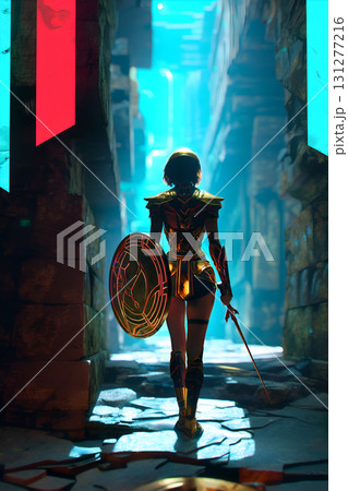 Golden Armored Warrior with Shield and Sword Walking in Ancient Corridor 131277216