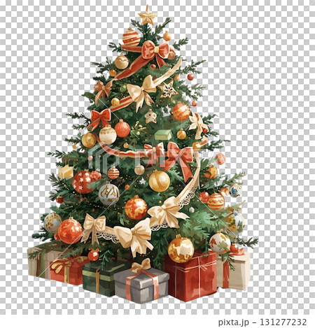 Festive Christmas tree decorated with ornaments and gifts in a cozy setting 131277232