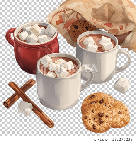 Cozy hot chocolate with marshmallows and cookies on a warm winter evening 131277235