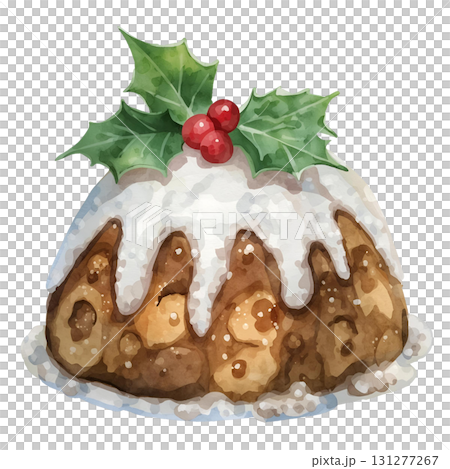 Delicious holiday pudding decorated with holly and berries for festive celebrations 131277267