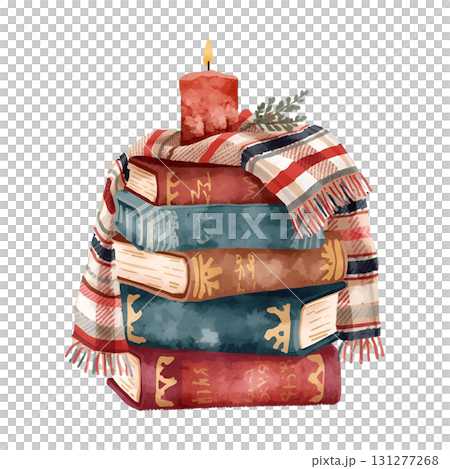 Cozy arrangement of stacked books with a candle and blanket during a relaxing evening Cozy arrangement of stacked books with a candle and blanket during a relaxing evening 131277268