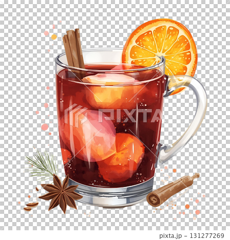 Warm spiced drink with orange and cinnamon in a clear mug for cozy moments 131277269