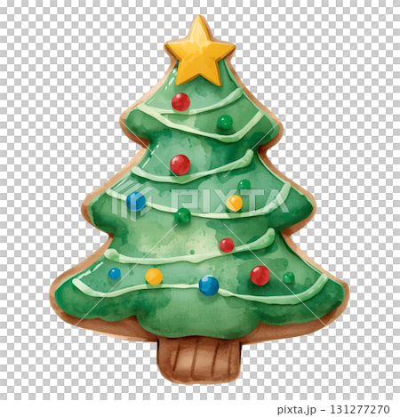 Colorful Christmas tree cookie with festive decorations and star on top Colorful Christmas tree cookie with festive decorations and star on top 131277270