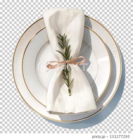 Elegant table setting with a white napkin and fresh herb decoration for a special dinner 131277293