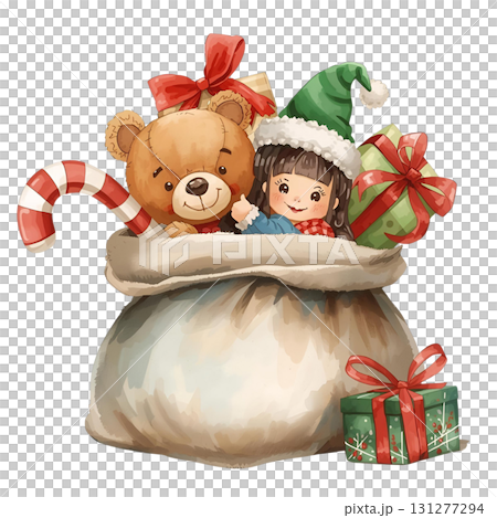 Soft teddy bear and joyful child with gifts in a festive bag during winter celebrations 131277294