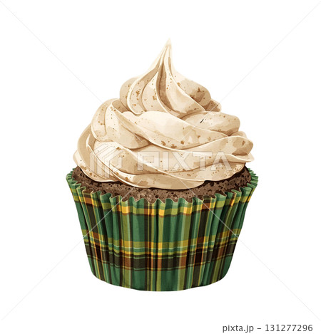 Delicious cupcake with brown frosting and plaid wrapper sits on a white background 131277296
