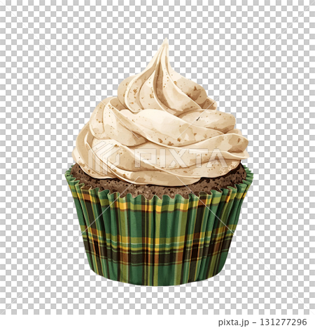 Delicious cupcake with brown frosting and plaid wrapper sits on a white background 131277296