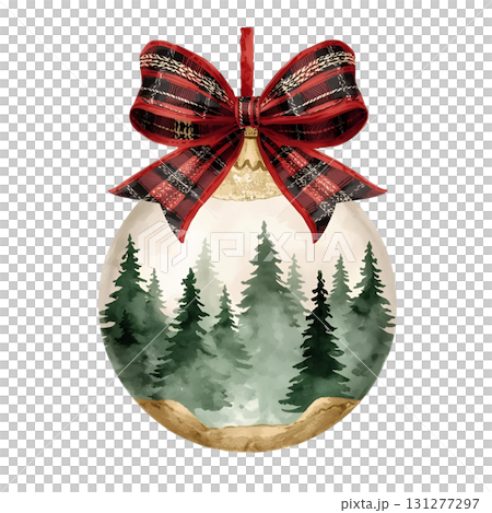 Beautiful Christmas ornament featuring a forest design tied with a red plaid bow 131277297