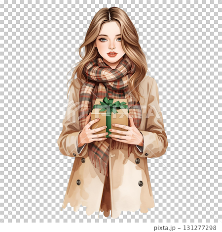 Young woman holding a gift in a cozy scarf during the holiday season 131277298