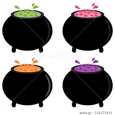 Vector drawing in flat style of a witch's cauldron with colorful boiling liquid 131277431