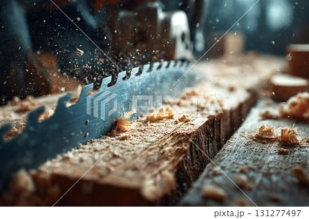 Circular saw cutting wooden plank with sawdust flying around 131277497