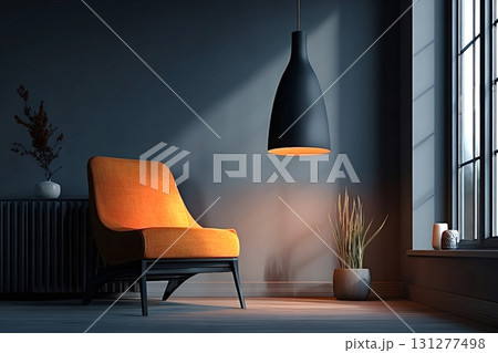 Modern interior design with orange armchair and pendant lamp 131277498