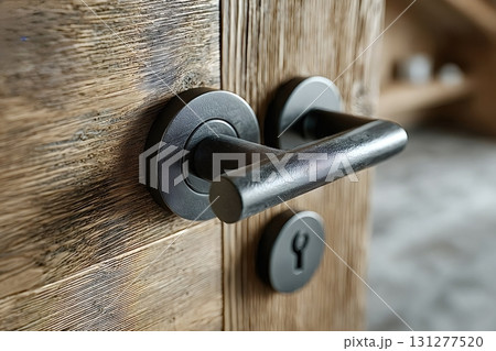 Modern metal door handle on rustic wooden door 131277520