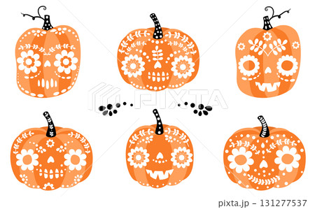 Cute Halloween vector set with funny carved pumpkins with faces with different expressions, Dia de los Muertos graphic design elements and decor Cute Halloween vector set with funny carved pumpkins with faces with different expressions, Dia de los Muertos graphic design elements and decor 131277537