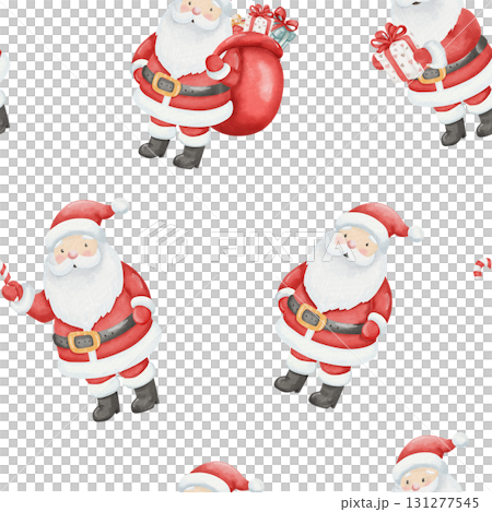 Seamless watercolor pattern with smiling Santa Clauses in different poses. Gifts, candy canes, red bag. Symbol of New Year and Christmas. White background 131277545