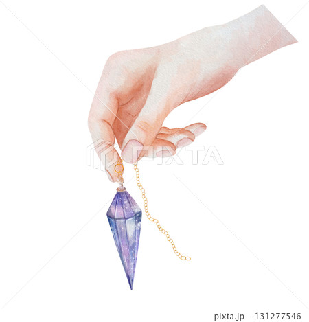 Watercolor illustration of female hand holding crystal pendulum on golden chain. Mystical divination tool for spiritual practices, energy healing, and esoteric design. White background Watercolor illustration of female hand holding crystal pendulum on golden chain. Mystical divination tool for spiritual practices, energy healing, and esoteric design. White background 131277546