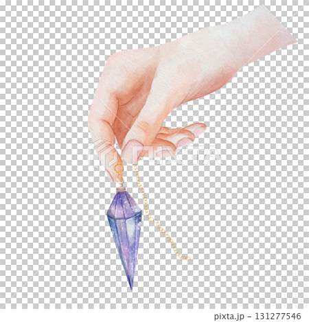 Watercolor illustration of female hand holding crystal pendulum on golden chain. Mystical divination tool for spiritual practices, energy healing, and esoteric design. White background Watercolor illustration of female hand holding crystal pendulum on golden chain. Mystical divination tool for spiritual practices, energy healing, and esoteric design. White background 131277546