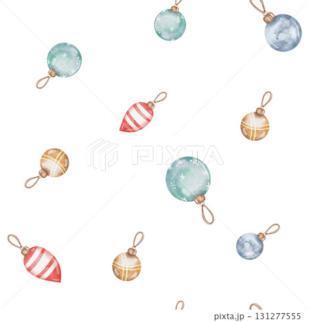 Seamless watercolor pattern with design of multicolored Christmas tree decorations. Glass balls in gold, blue, and red for the Christmas tree. Festive illustration, white background 131277555