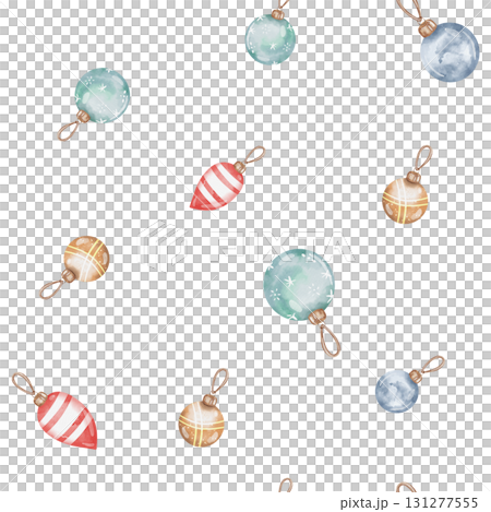 Seamless watercolor pattern with design of multicolored Christmas tree decorations. Glass balls in gold, blue, and red for the Christmas tree. Festive illustration, white background 131277555