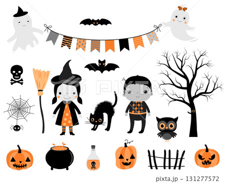Stylish Halloween set in grey, orange and black colors with kid characters in costumes and design elements for greeting cards, invitations and scrapbooking Stylish Halloween set in grey, orange and black colors with kid characters in costumes and design elements for greeting cards, invitations and scrapbooking 131277572