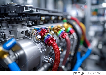 Powerful engine showing colorful titanium an fittings and lines 131277638