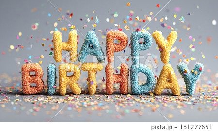 Happy birthday colorful text with falling confetti on gray background Happy birthday colorful text with falling confetti on gray background 131277651