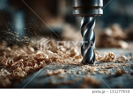 Drill bit making hole in wood with sawdust and shavings flying 131277658