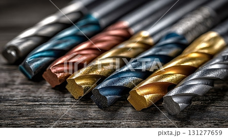Drill bits of different colors resting on wooden surface 131277659