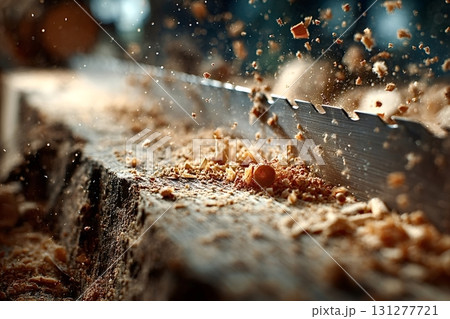 Saw blade cutting wood with sawdust flying through air 131277721
