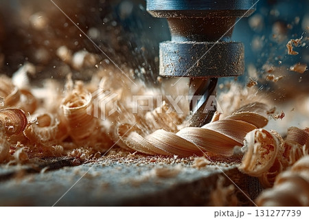 Drill bit piercing wood and creating shavings in carpentry workshop Drill bit piercing wood and creating shavings in carpentry workshop 131277739