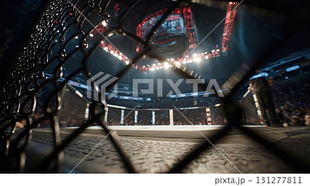Empty fighting cage in arena before championship boxing match 131277811