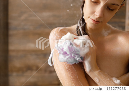 Indulge in a Serene Shower Experience Enhanced with Luxurious Lathering Soap for Bathing Bliss 131277988