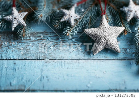 Christmas, New Year home decor. Empty white wall mock up with green fir branches in a vase on a white table. Mock up for displaying works 131278308