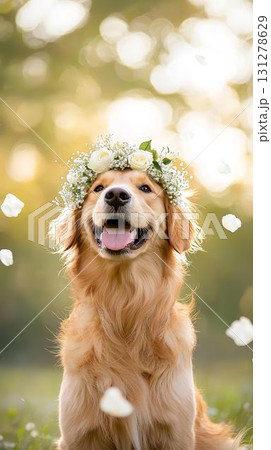 花冠をかぶってほほえむゴールデンレトリバー 131278629