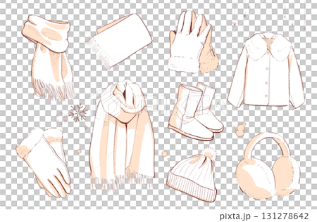 一套溫暖的冬季服裝（帶白色油漆陰影）|圍巾，手套， 131278642