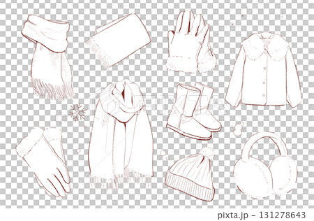 Set of warm winter clothing items (with white paint shadows) | Scarf, gloves, coat 131278643
