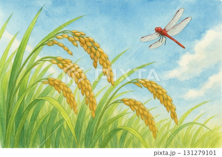 収穫前の稲穂　赤とんぼ　水彩画 131279101
