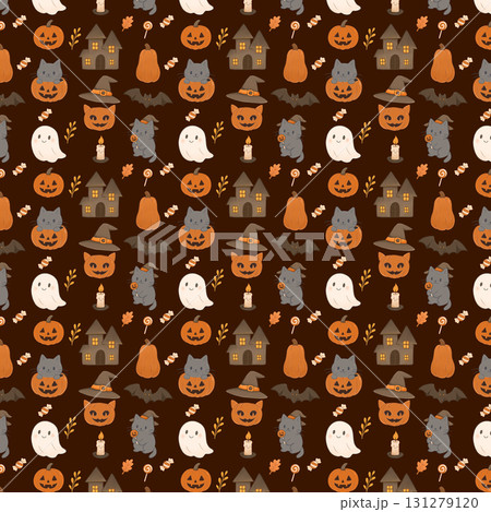Dark design for wrapping paper and textiles with a Halloween theme. A spooky pattern with cute cats and pumpkins. Dark design for wrapping paper and textiles with a Halloween theme. A spooky pattern with cute cats and pumpkins. 131279120